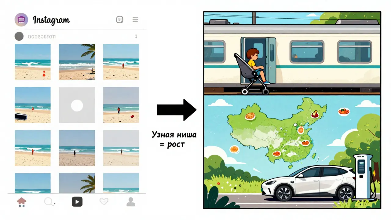 Сравнение: скучные фото пляжей слева и нишевые темы путешествий справа.