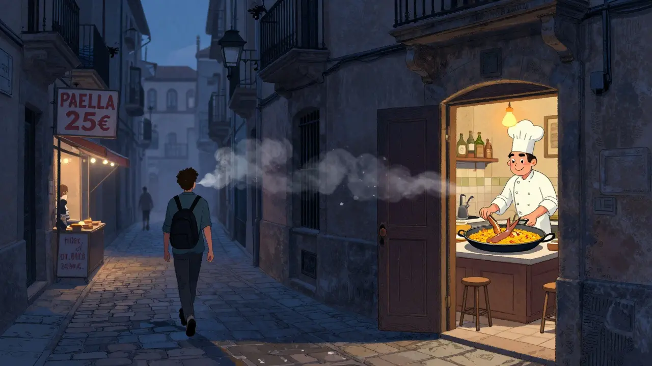 Тихий переулок в Готическом квартале: путешественник входит в уютное кафе, где готовят настоящую паэлью.