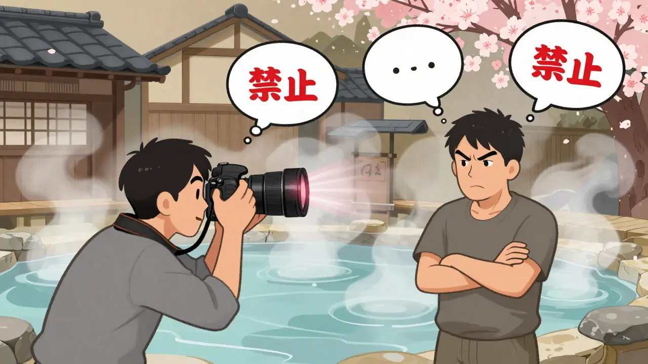 Турист фотографирует мужчину в японской бане, он сердито смотрит, над объективом — красный запрет.