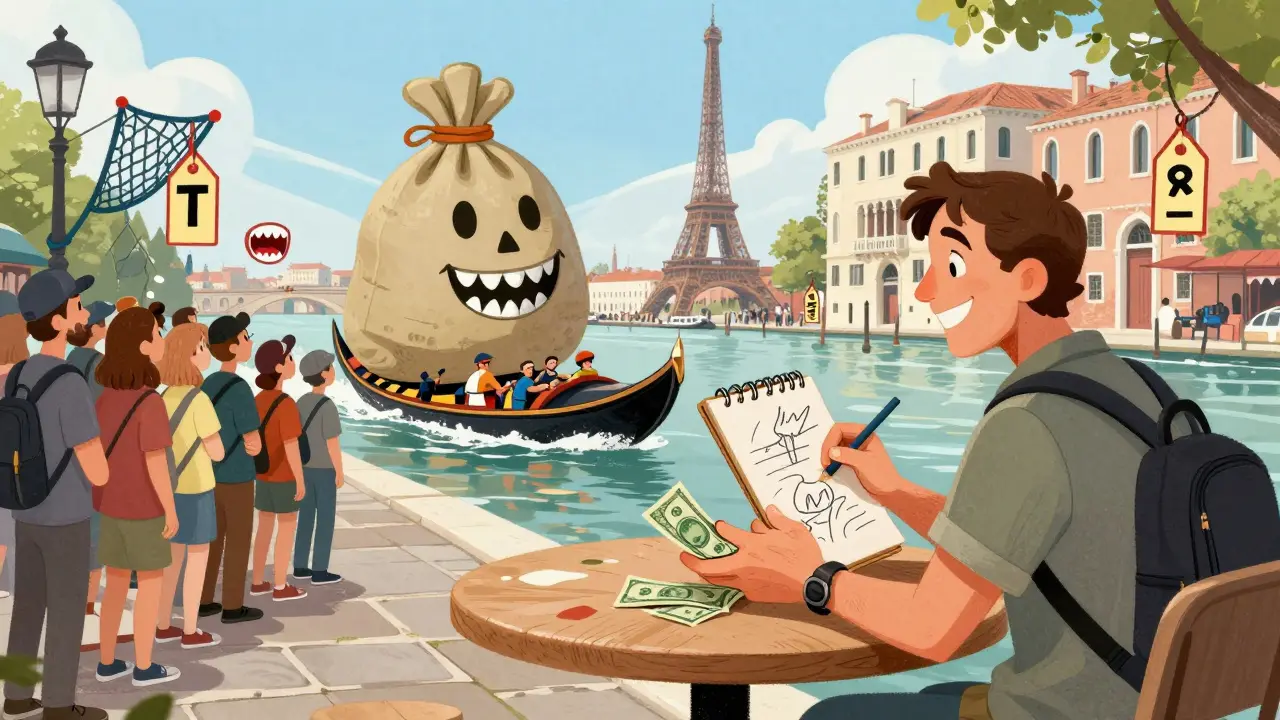 Уличный художник в Париже требует чаевые, вокруг — ловушки в виде пасти.