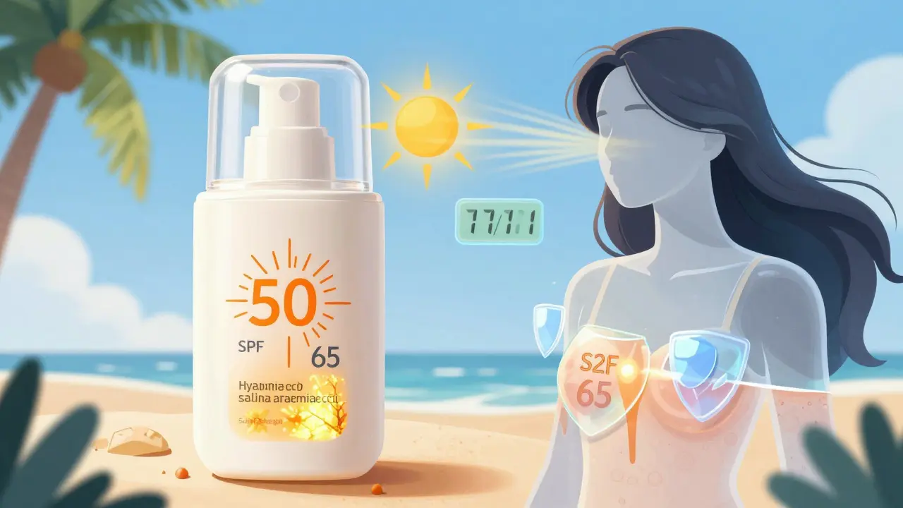 Умный крем 2025 года с динамическим SPF, увлажняющими компонентами и защитой от УФ-лучей, светящийся на фоне тропического пейзажа.