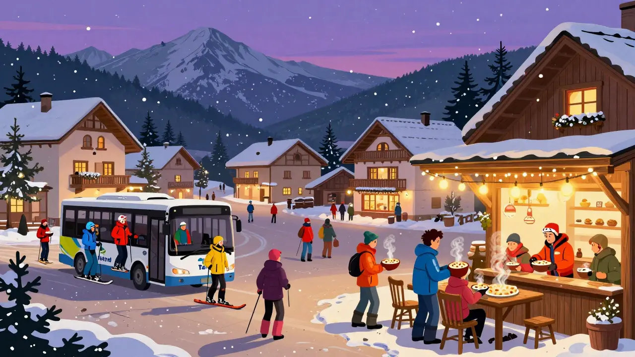 Вечерний курортный поселок с людьми на бесплатных ски-басах и ароматом горячих клецок.