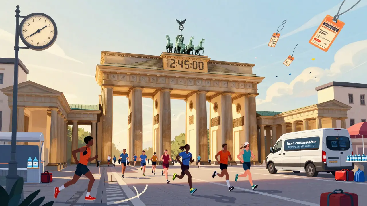 Бегун пересекает Бранденбургские ворота в Берлине, на фоне — цифры времени и лотерейные билеты.