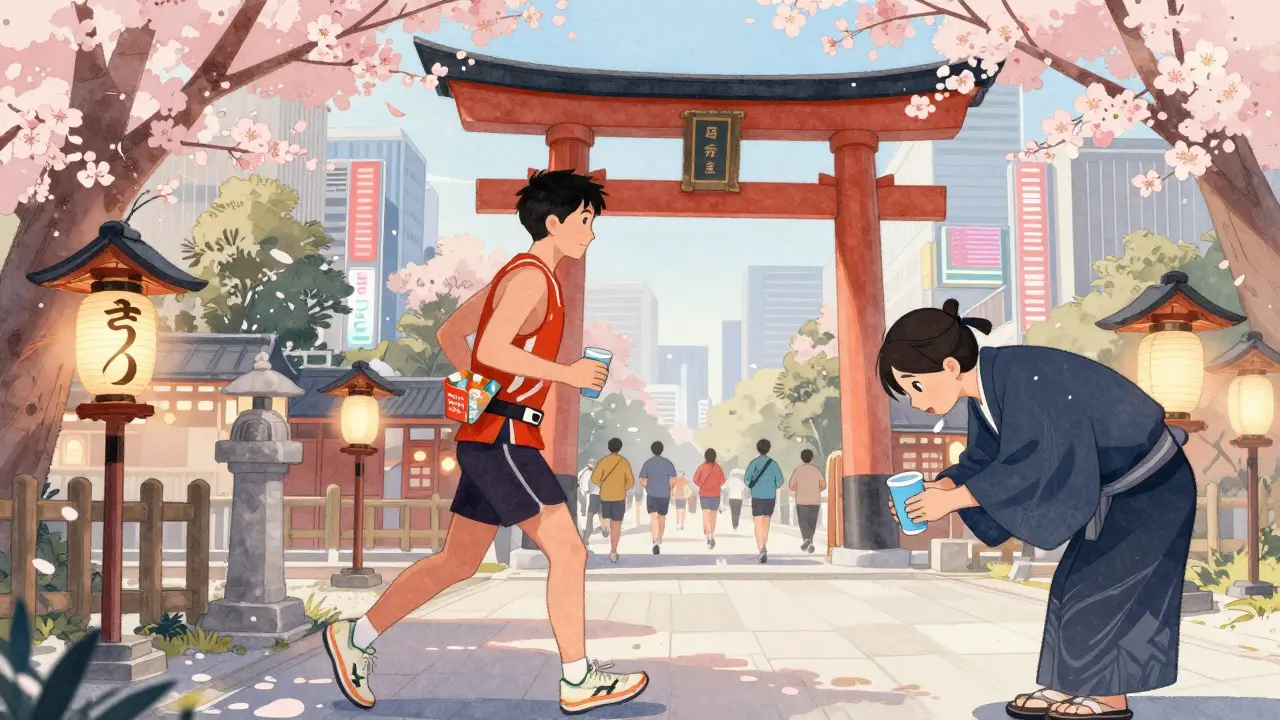Бегун проходит мимо синтоистского храма в Токио, цветущая сакура, волонтёр с водой и подарком.