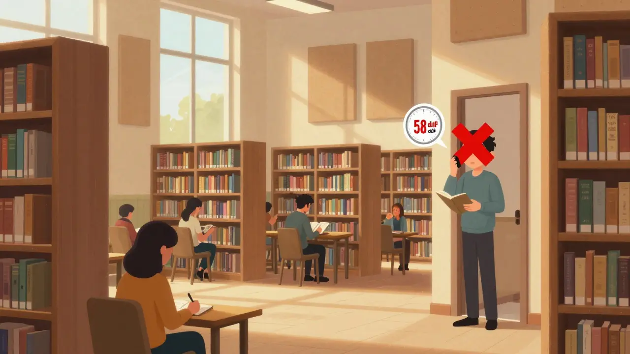 Библиотекарь указывает на нарушителя тишины, над его головой — превышенный уровень шума 58 дБ, остальные читают спокойно.