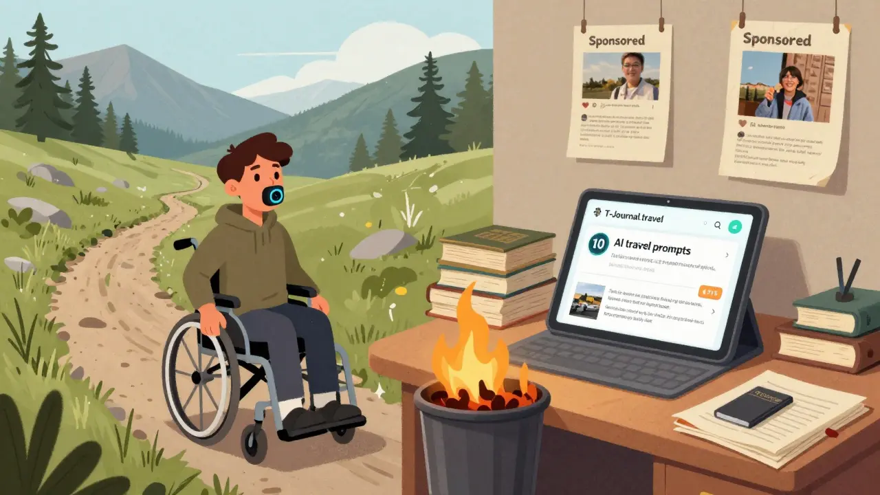 Человек с инвалидностью использует ИИ-ассистент для путешествий, в то время как рекламные ложные посты сгорают.