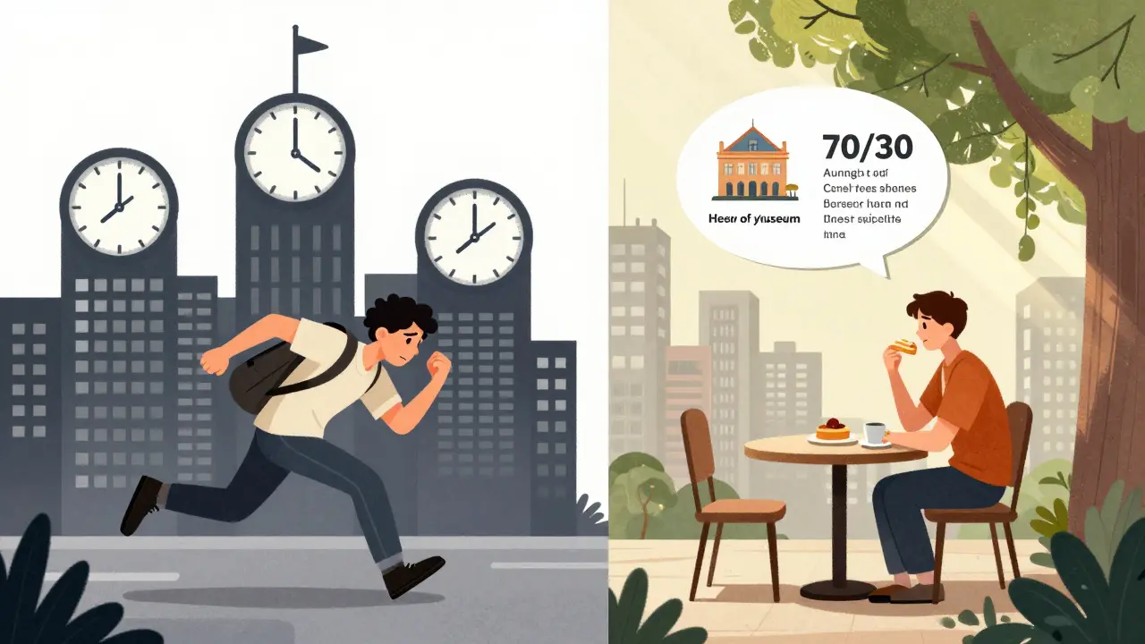 Два сценария: уставший турист в трех городах и спокойный путешественник в одном городе с кофе и солнечным светом.