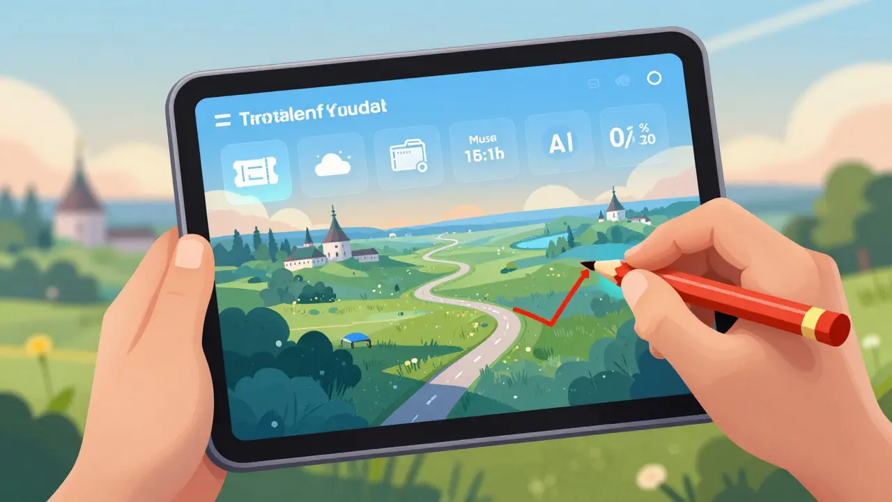 Гаджет с приложением для путешествий, где человек вручную меняет автоматический маршрут на медленный путь через уютный город.
