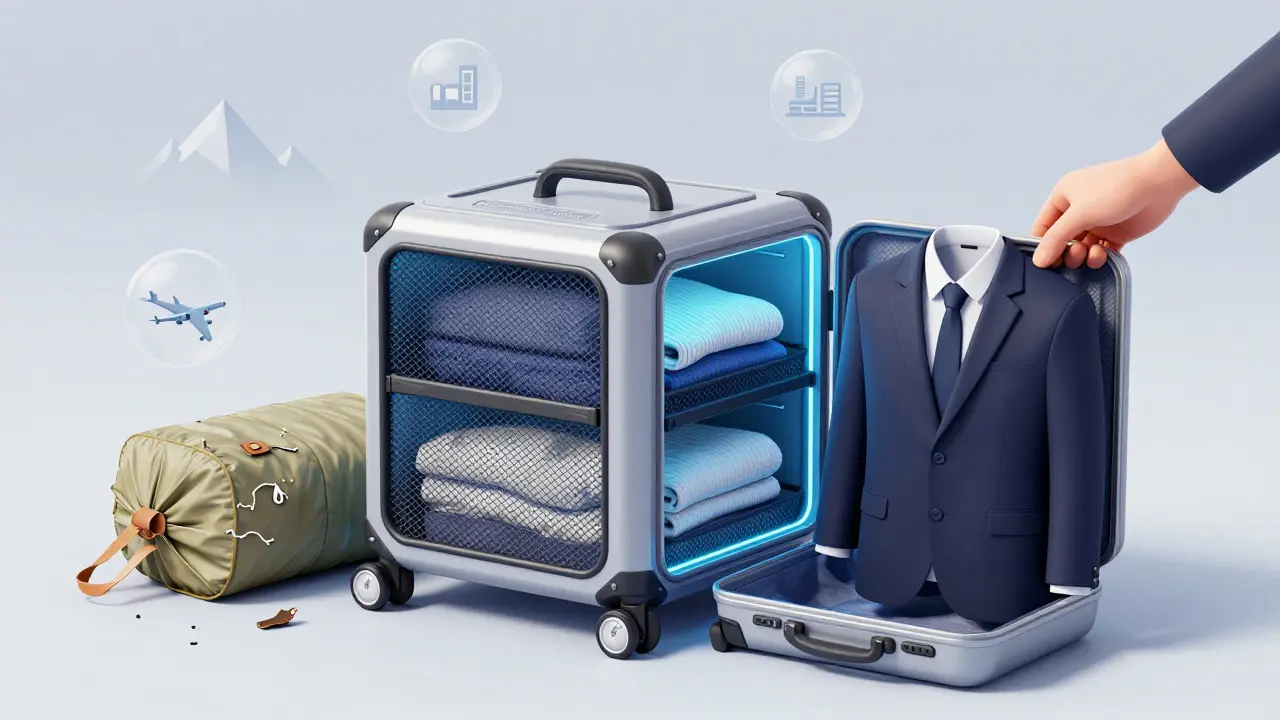 Гибридный органайзер 2026 года с встроенным клапаном сжатия и внутренними отделениями, рядом — разорванный старый пакет.