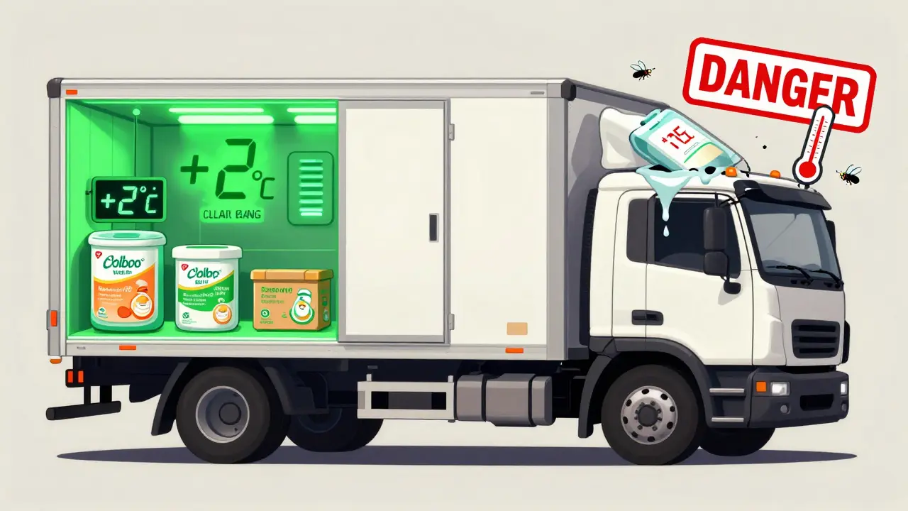 Грузовик с рефрижератором слева и испорченным питанием справа, сравнение безопасной и опасной перевозки.