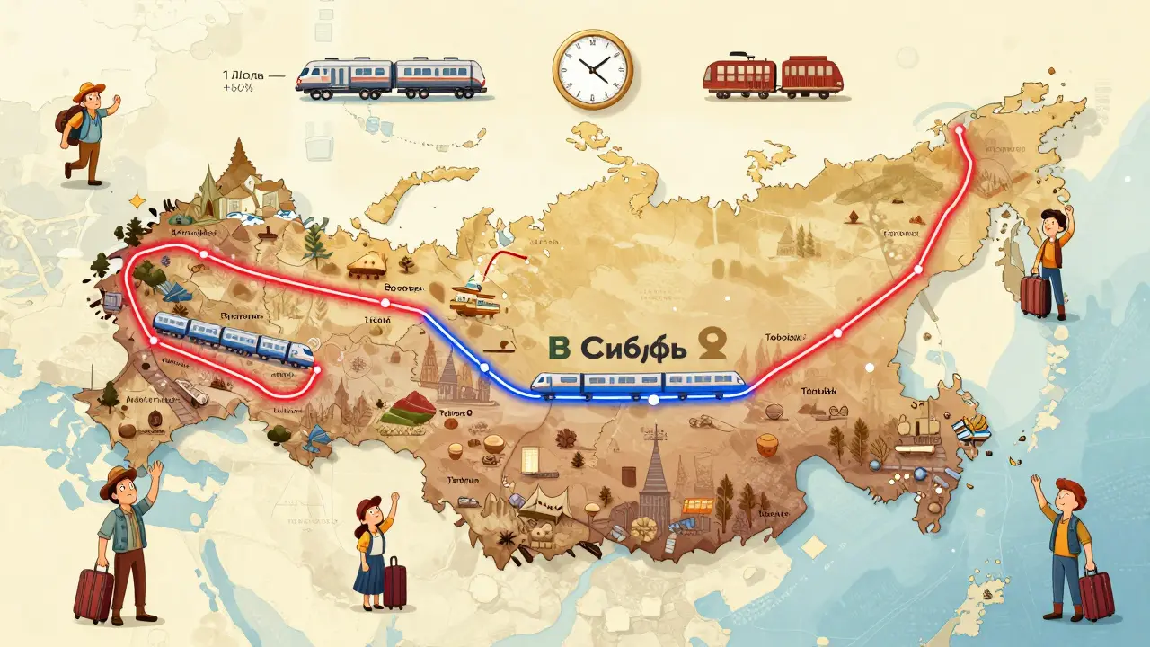 Карта России с новыми туристическими маршрутами РЖД в виде светящихся линий, показывающими расширение и сокращение поездов в 2026 году.