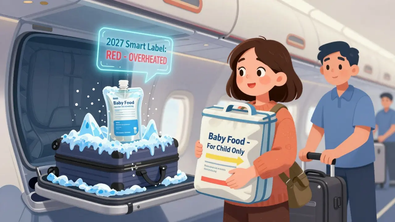 Мать с сумкой для детского питания на борту самолета, рядом — испорченная упаковка в багажном отсеке с предупреждающей меткой.