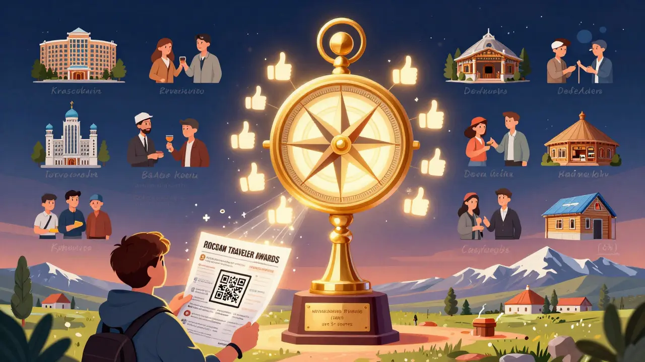 Награда для путешествий, украшенная голосами туристов, с магнитным QR-кодом, показывающим реальные отзывы.