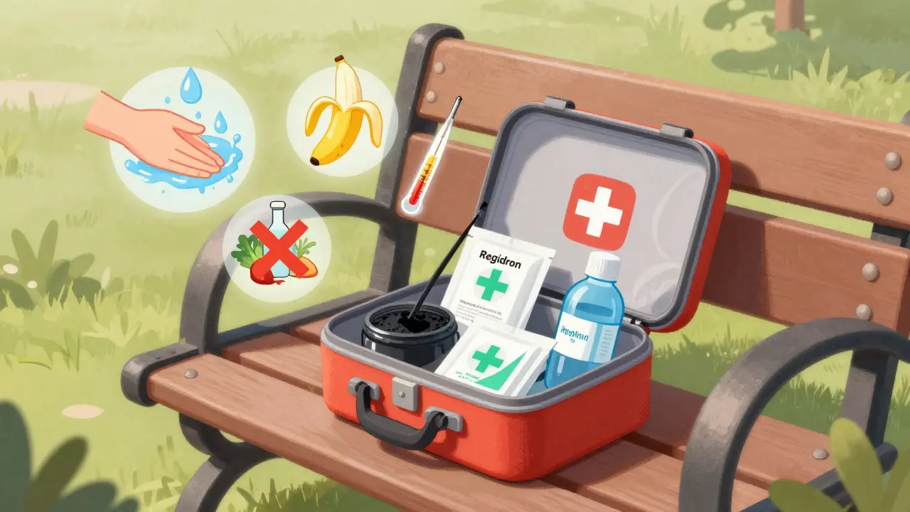 Открытая аптечка с сорбентами и антисептиком, вокруг — символы безопасности: мытые руки, целый банан, температура и запрет на алкоголь.