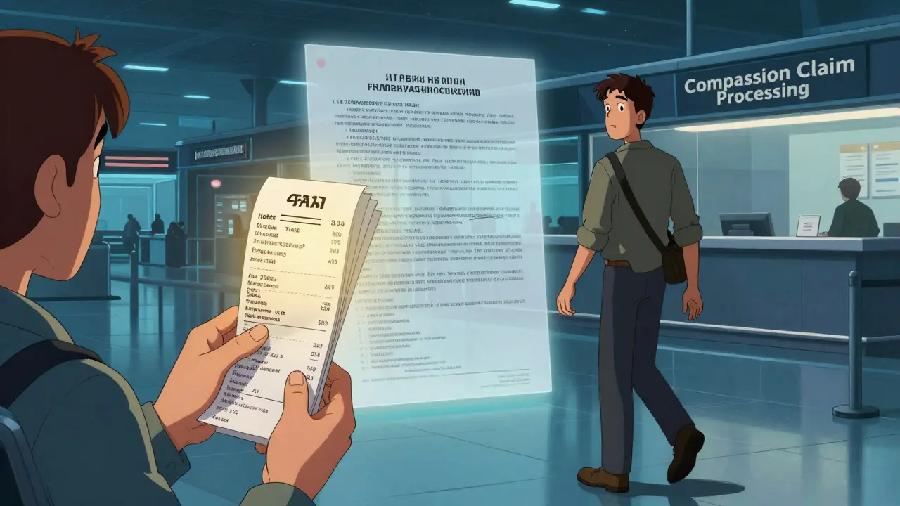 Пассажир держит чеки, за ним — прозрачный документ с законами о компенсации, ночная атмосфера аэропорта.