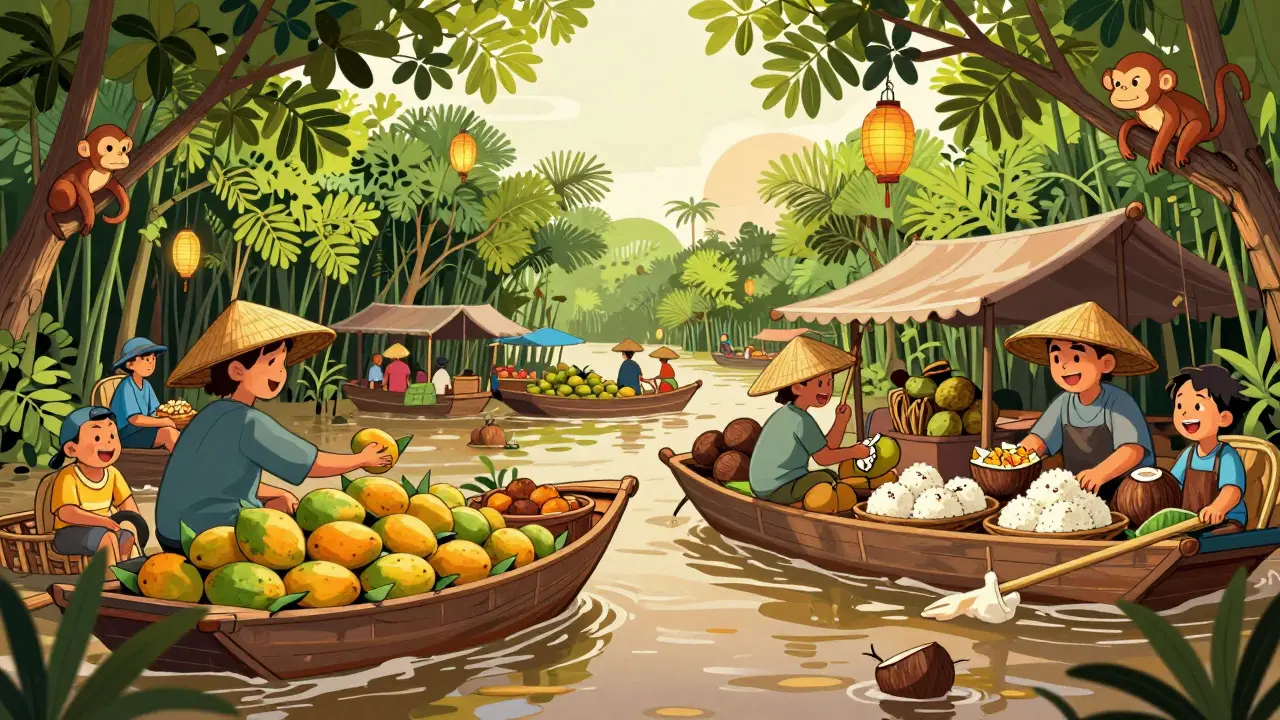 Плавучий рынок в дельте Меконга с фруктами и лодками под солнцем.