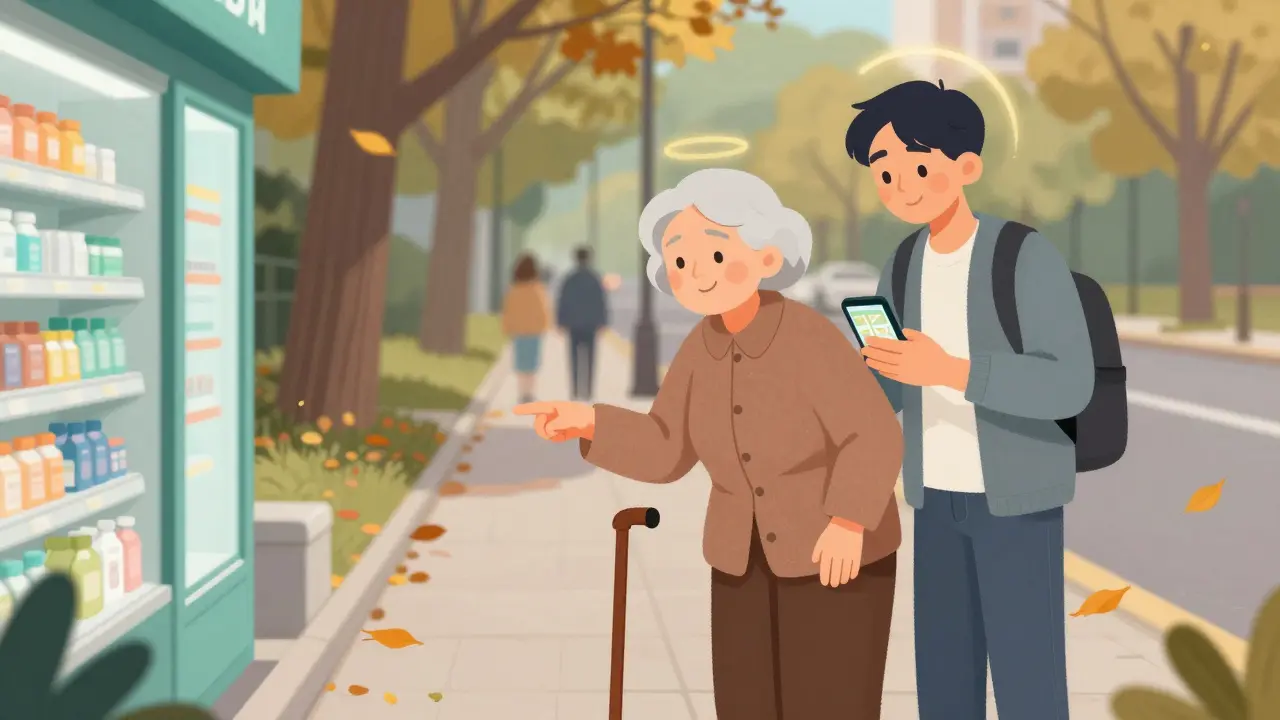 Пожилая женщина с тростью указывает путь к аптеке молодому человеку, который улыбается в ответ.