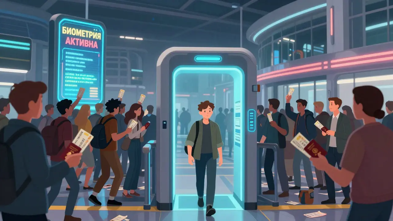 Путешественник проходит через биометрический контроль без документов, позади — толпа с бумажками, символ перехода к будущему.