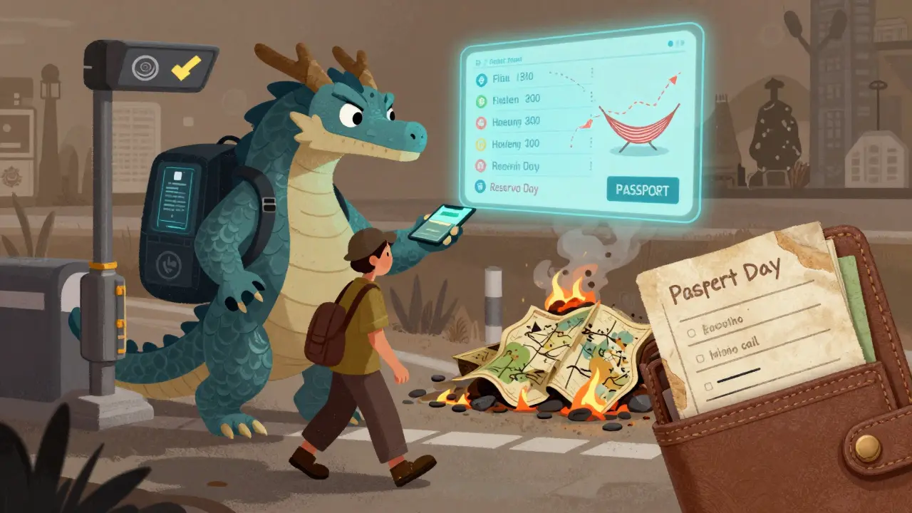 Путешественник проходит через пограничный контроль, где дракон-ИИ проверяет его маршрут, а бумажные карты сгорают.
