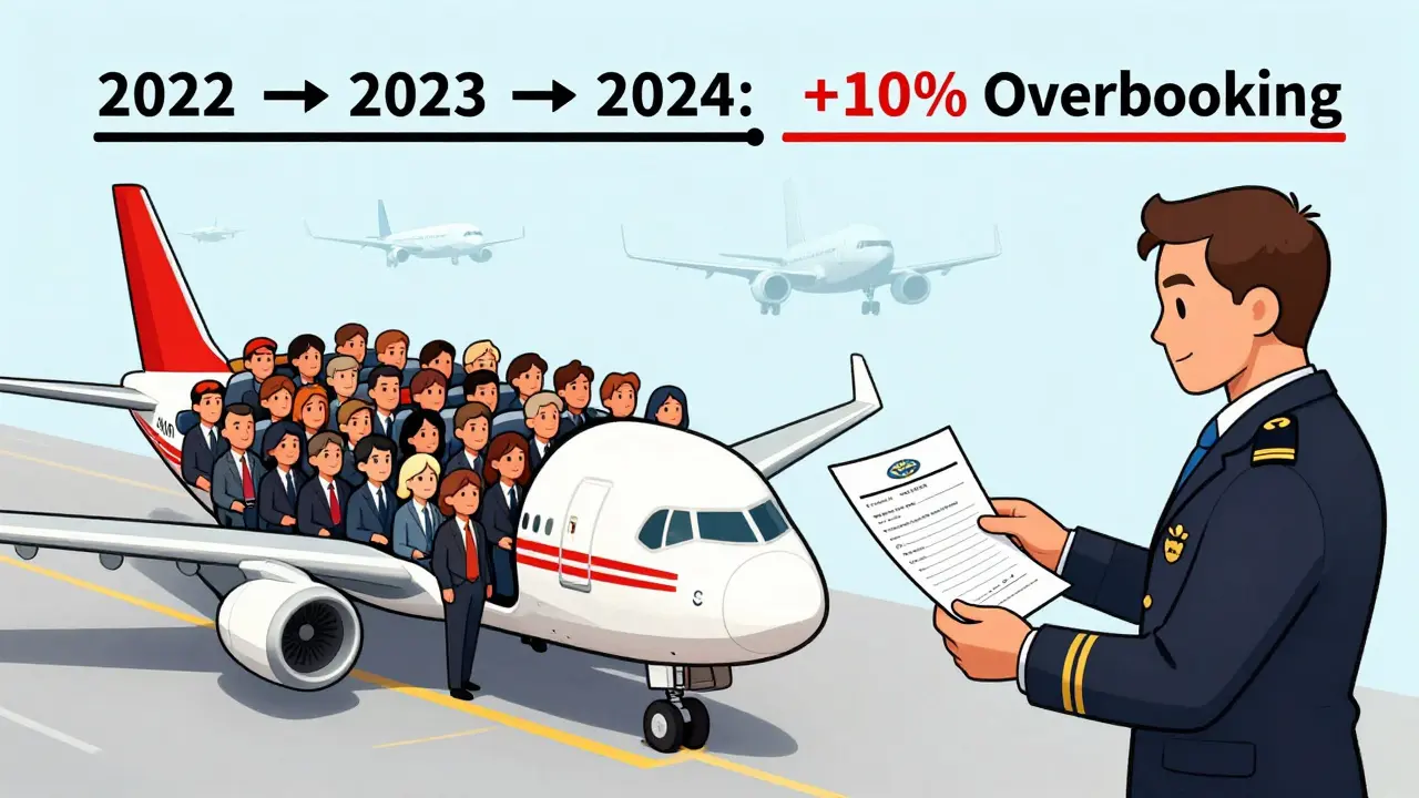 Разделённая сцена: переполненный самолёт слева, пассажир подаёт претензию справа, с графиком роста овербукинга.