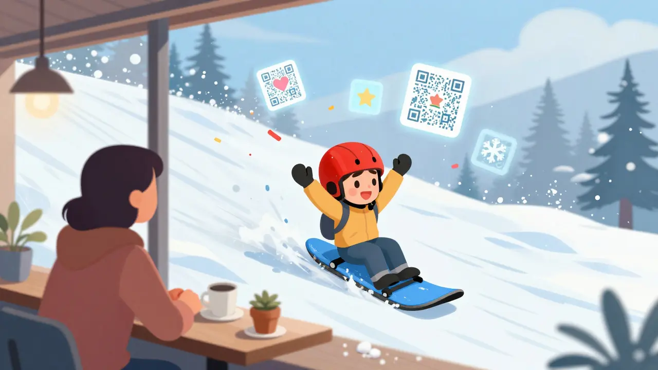Ребёнок счастливо скользит по склону, родитель смотрит из кафе, над склоном — цифровые иконки прогресса.