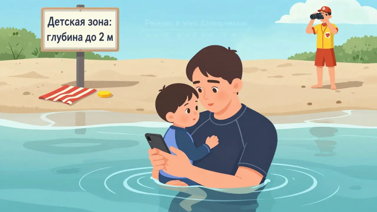 Родитель держит ребёнка в мелкой воде, оба в солнцезащитной одежде, спасатель наблюдает.