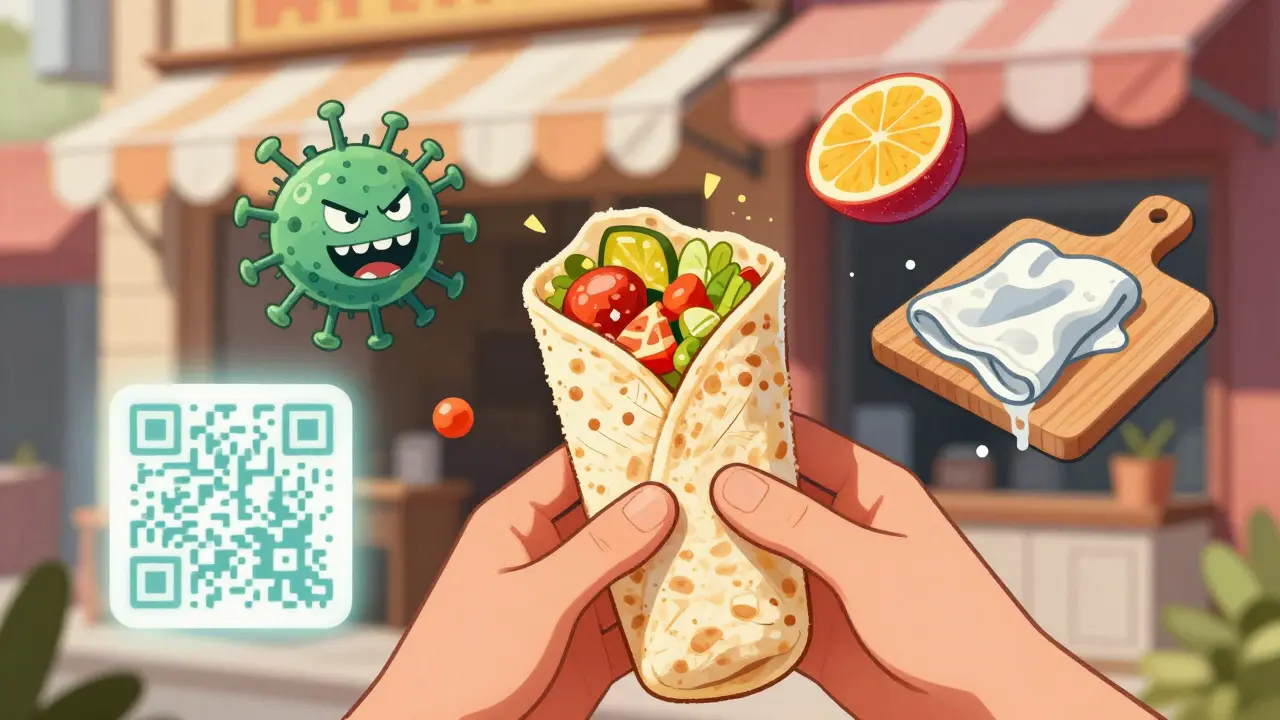 Руки держат шаурму, вокруг — опасности: бактерии, грязная доска, порезанный фрукт и светящийся QR-код.