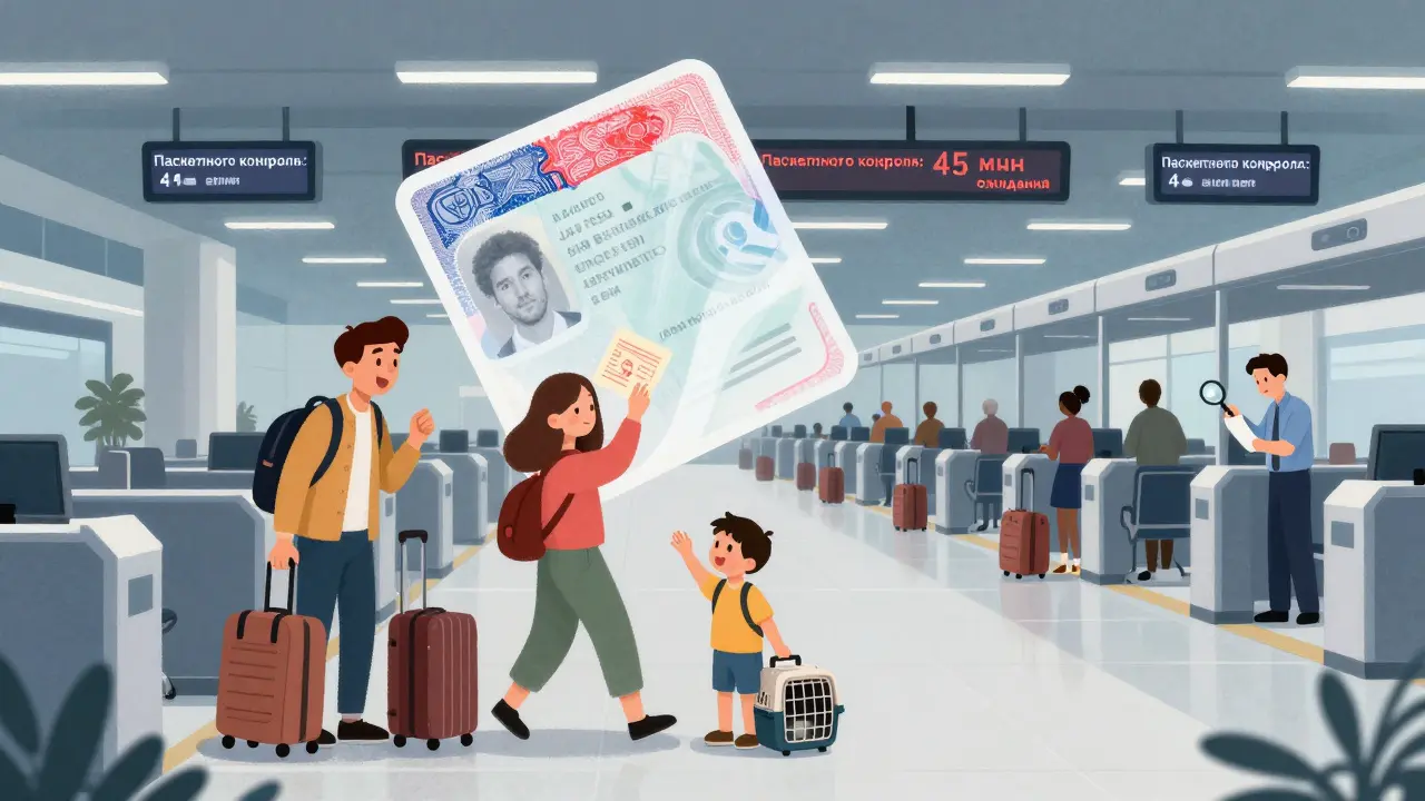 Семья ищет документы для международного рейса, над ними парит прозрачный штамп визы, очередь у паспортного контроля.