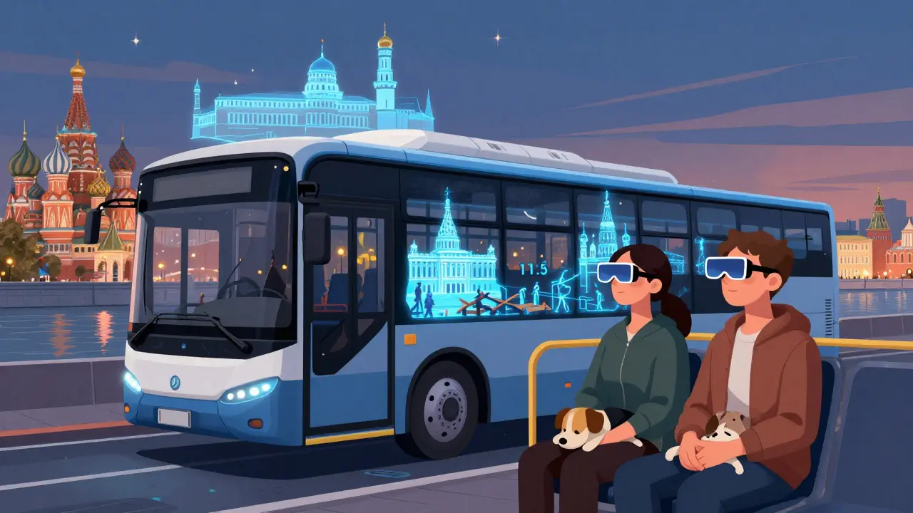 Современный электробус с AR-очками, показывающими исторические сцены на зданиях Москвы в сумерках.