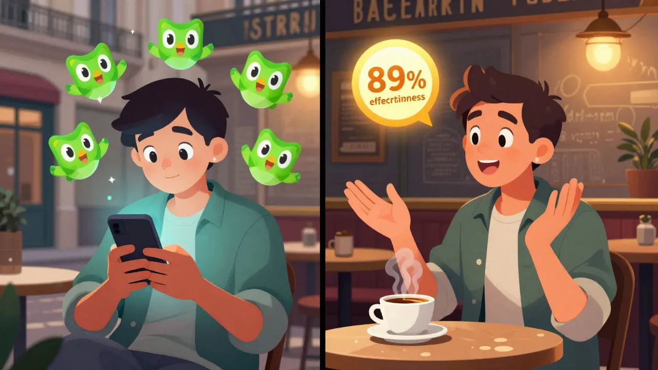 Сравнение: человек за телефоном и тот же человек живо разговаривает в кафе с носителем языка.