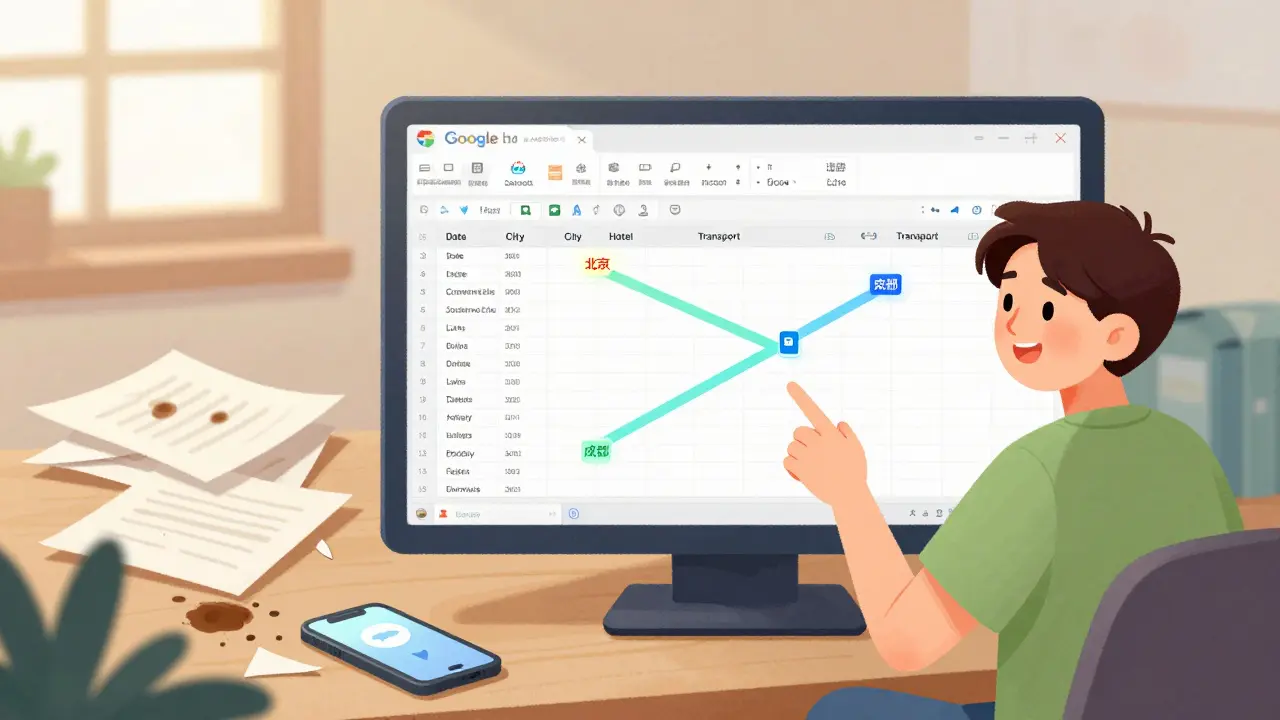 Сравнение хаотичного стола и чистой цифровой таблицы с планом поездки в Пекине, Шанхае и Чэнду.