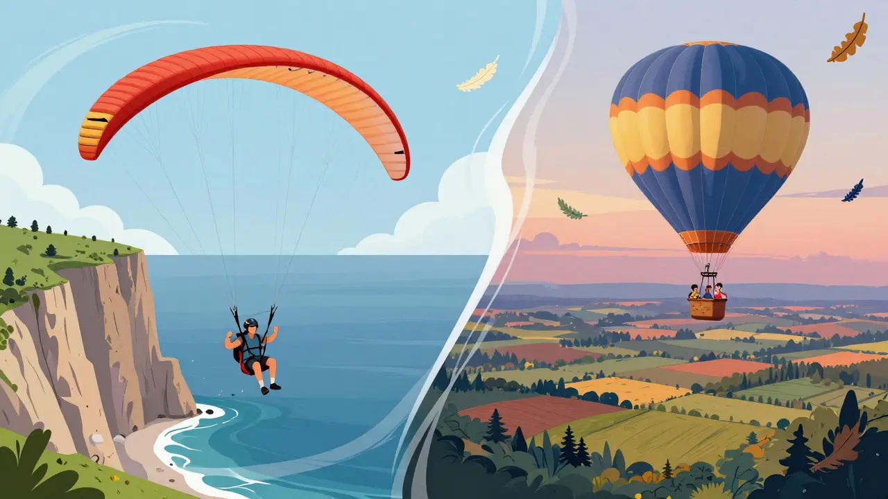 Сравнение парапланеризма и полёта на воздушном шаре: энергия и спокойствие в небе.