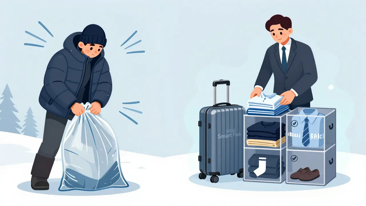 Сравнение упаковки: зимняя куртка в сжимающем мешке слева, аккуратно сложенные вещи в кубах справа.