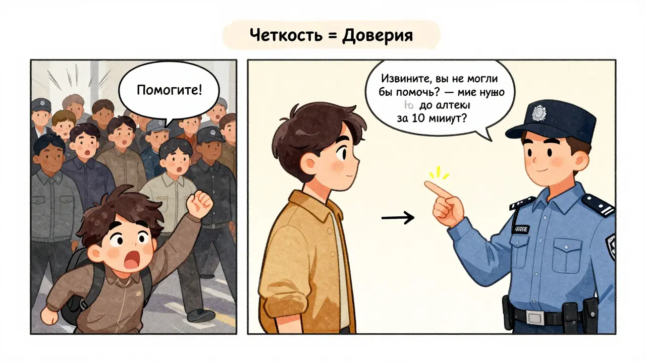 Три сцены: неудачная просьба, затем успешная с охранником, и помощь, указанная пальцем.