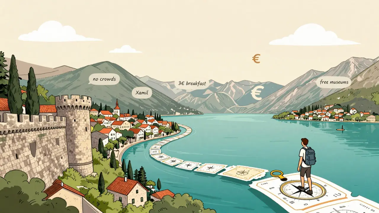 Три скрытых жемчужины Европы — Котор, Ксамиль и Бухинь — соединены путем из билетов и компаса, путешественник идет к горизонту.