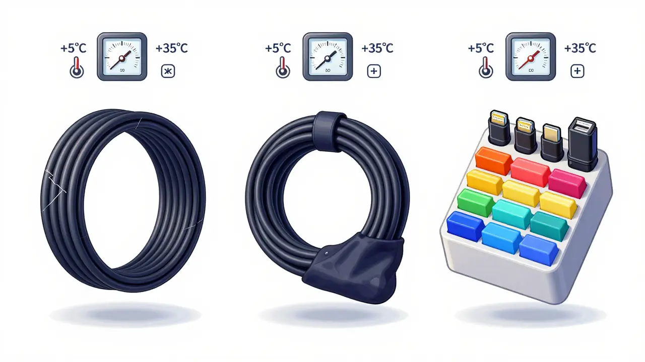 Три способа упаковки кабелей: неправильно, правильно и в модульном органайзере с цветовой кодировкой.