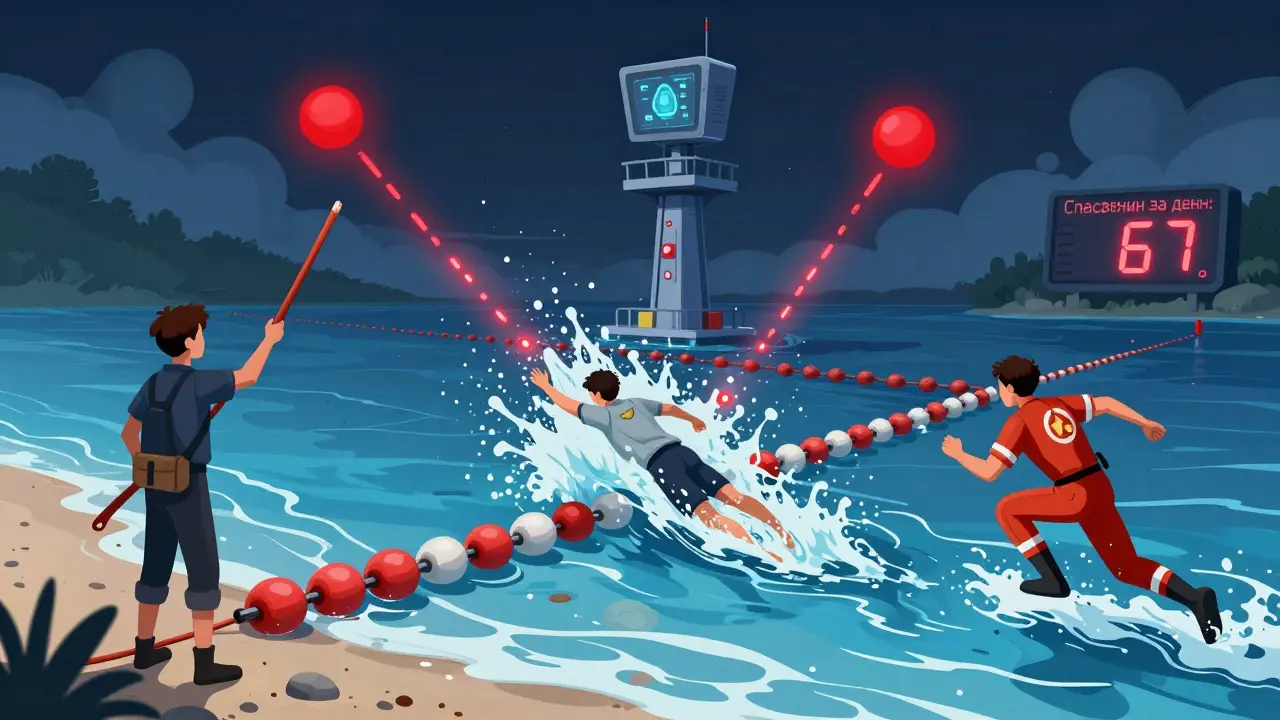 Юноша уносится течением за буйки, спасатель тянется с шестом, умные буйки сигнализируют.