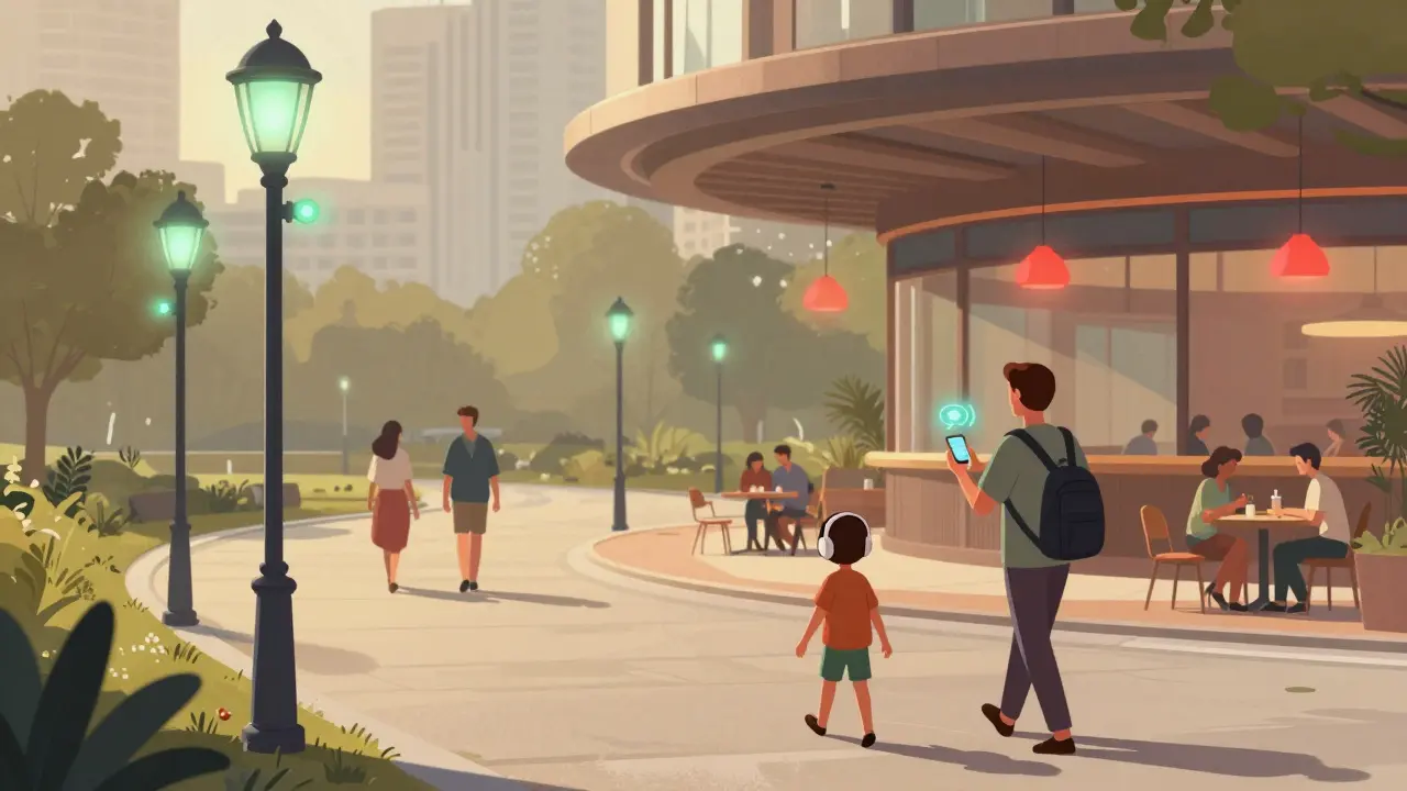В парке умные датчики отмечают уровень шума, семья использует наушники, а вокруг — тихие кафе и акустические решения.