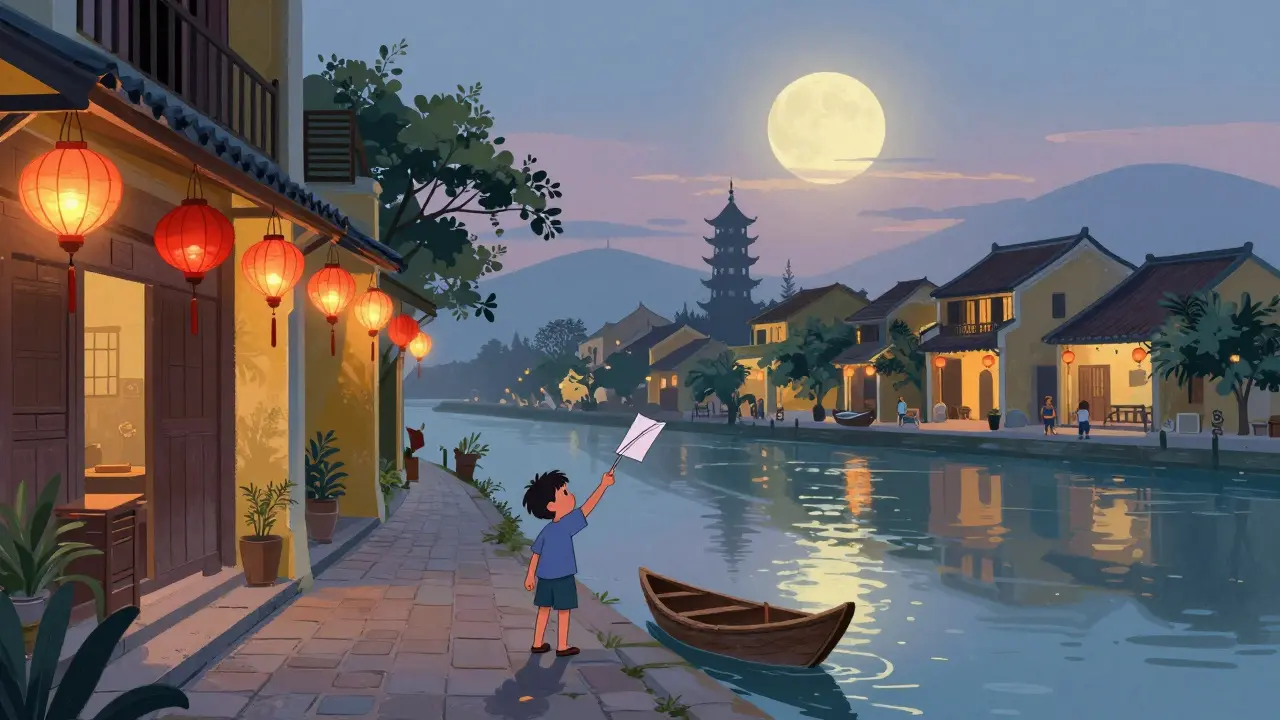 Вечер в Хойане: фонари, бумажная лодка и спокойная река.