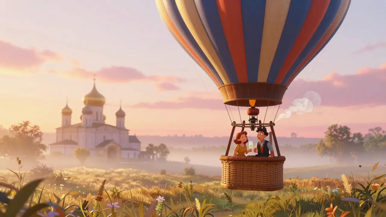 Воздушный шар плывёт над туманными полями Калужской области на рассвете.