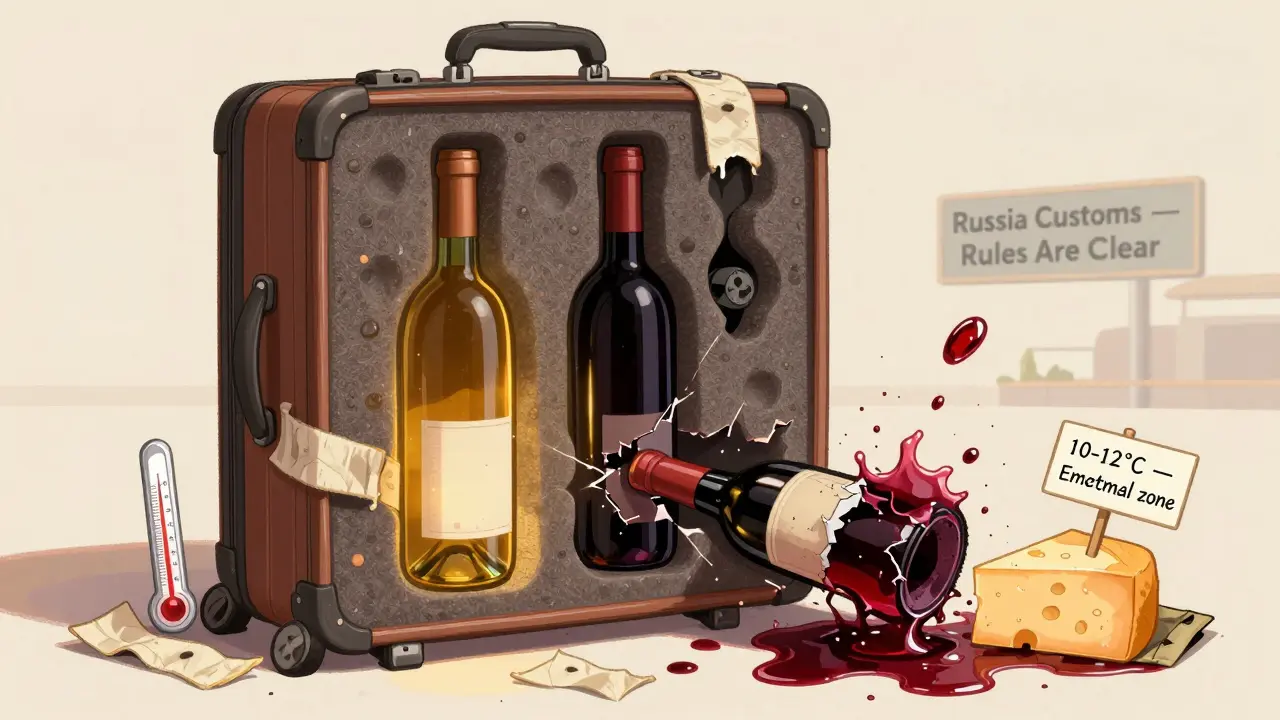 Бутылки вина в защитной упаковке, одна целая, другая разбитая, рядом — термоконтроль сыра.