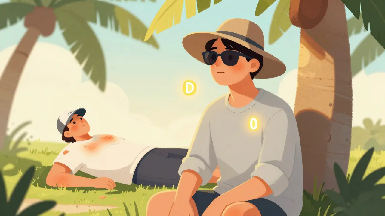 Человек в защитной одежде и очках спокойно сидит утром под пальмой, рядом — обгоревший турист.