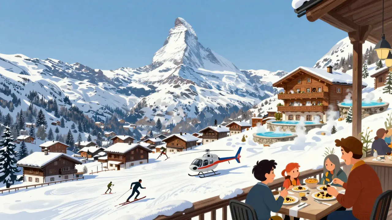 Целый год лыжи в Церматте — Маттерхорн над деревней, термальные бассейны и вертолет на снегу.
