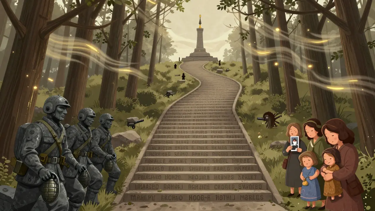 Дорога из 200 ступеней с именами героев и матерями, держащими фотографии, ведущая к мемориалу.