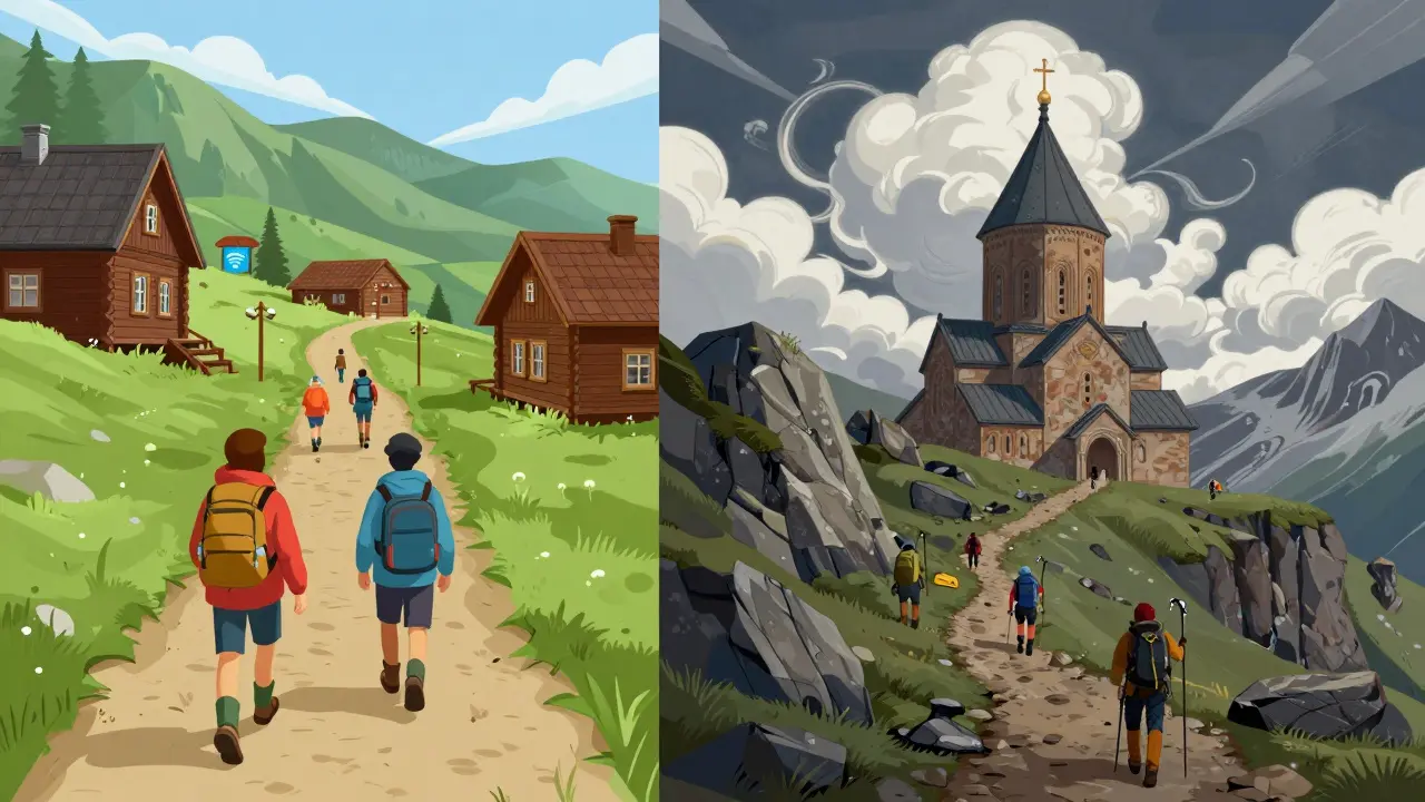 Два мира гор: уютный Приэльбрусье слева и дикий Казбек справа, разделенные природой.