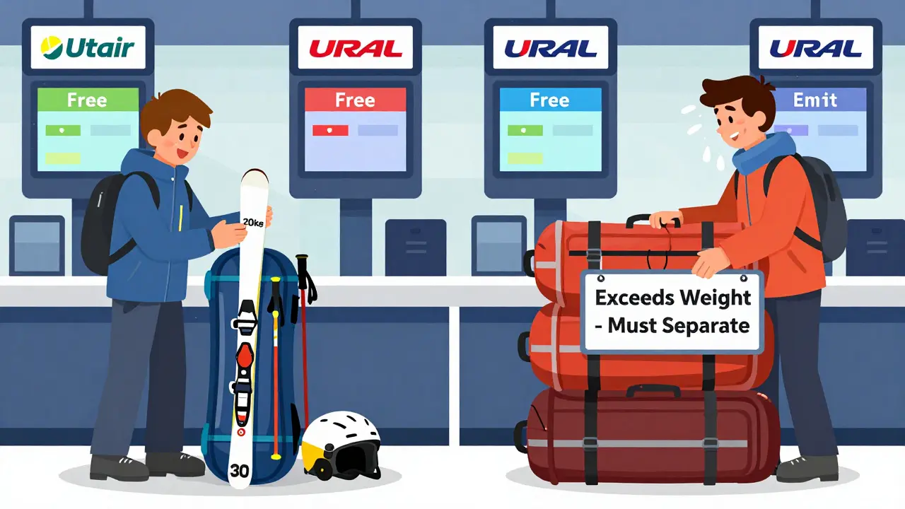 Два путешественника на стойке регистрации: один с одним комплектом лыж — бесплатно, другой — с двумя комплектами, которые превышают вес и требуют оплаты.
