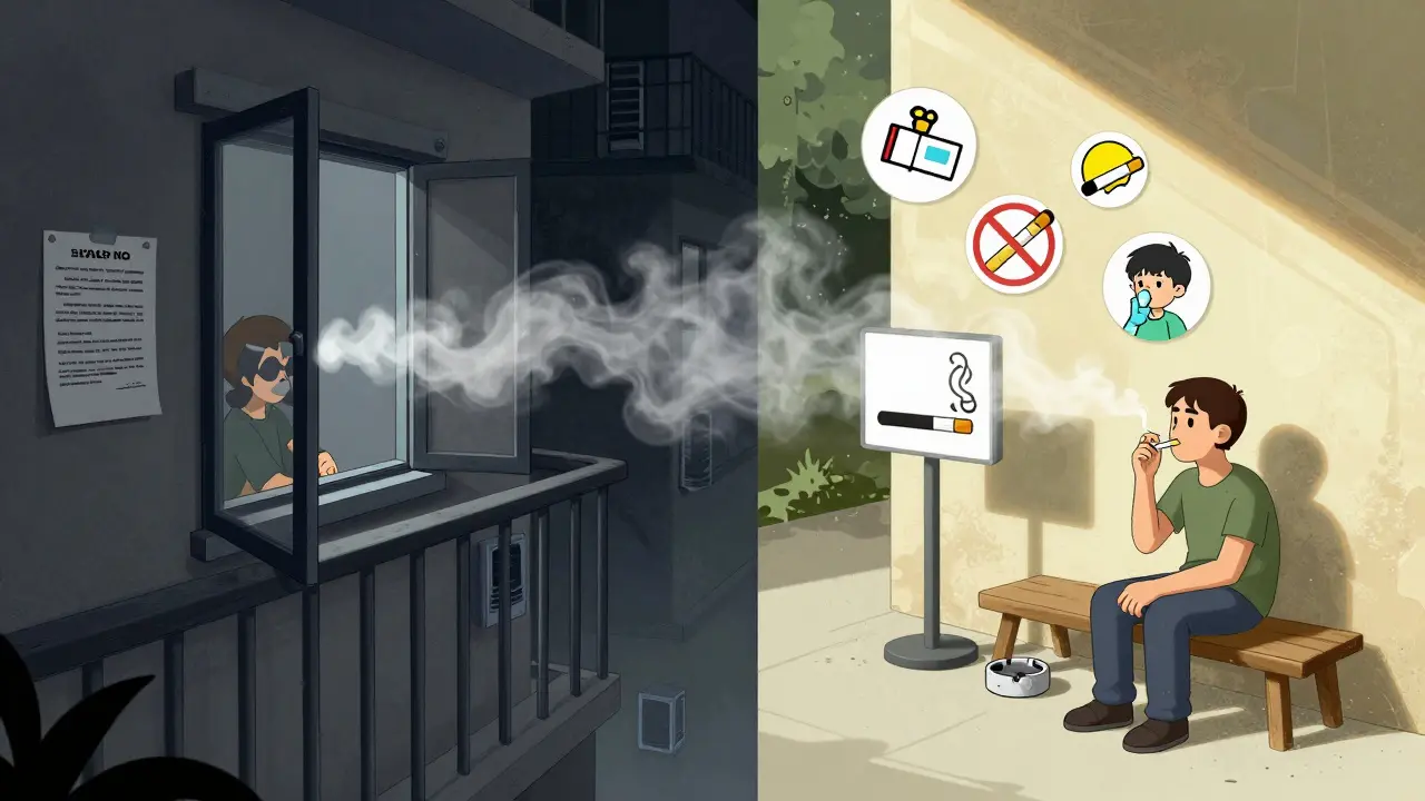 Два сценария: курение на балконе, мешающее соседям, и законная зона для курения на улице.
