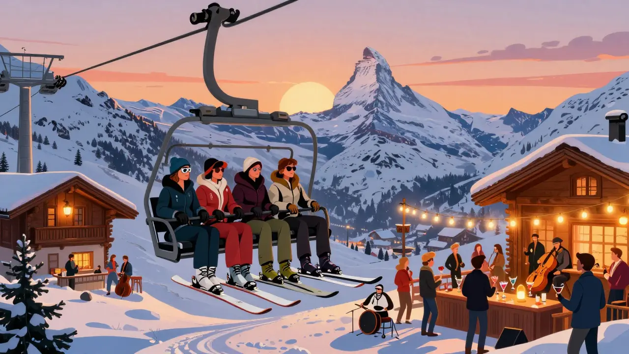 Элитные лыжники на закате в Вербье, вечеринка на террасе с музыкой и видом на Маттерхорн.