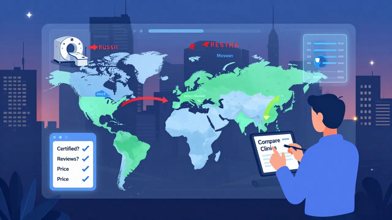 Глобальная карта с потоками медицинских туристов и цифровой панелью для сравнения клиник с проверенными критериями.