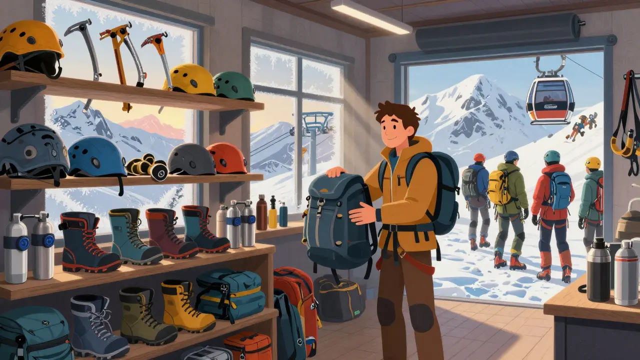 Мастерская проката в Терсколе: полки с ледорубами, шлемами и термосами, инструктор помогает новичку собрать рюкзак перед восхождением.